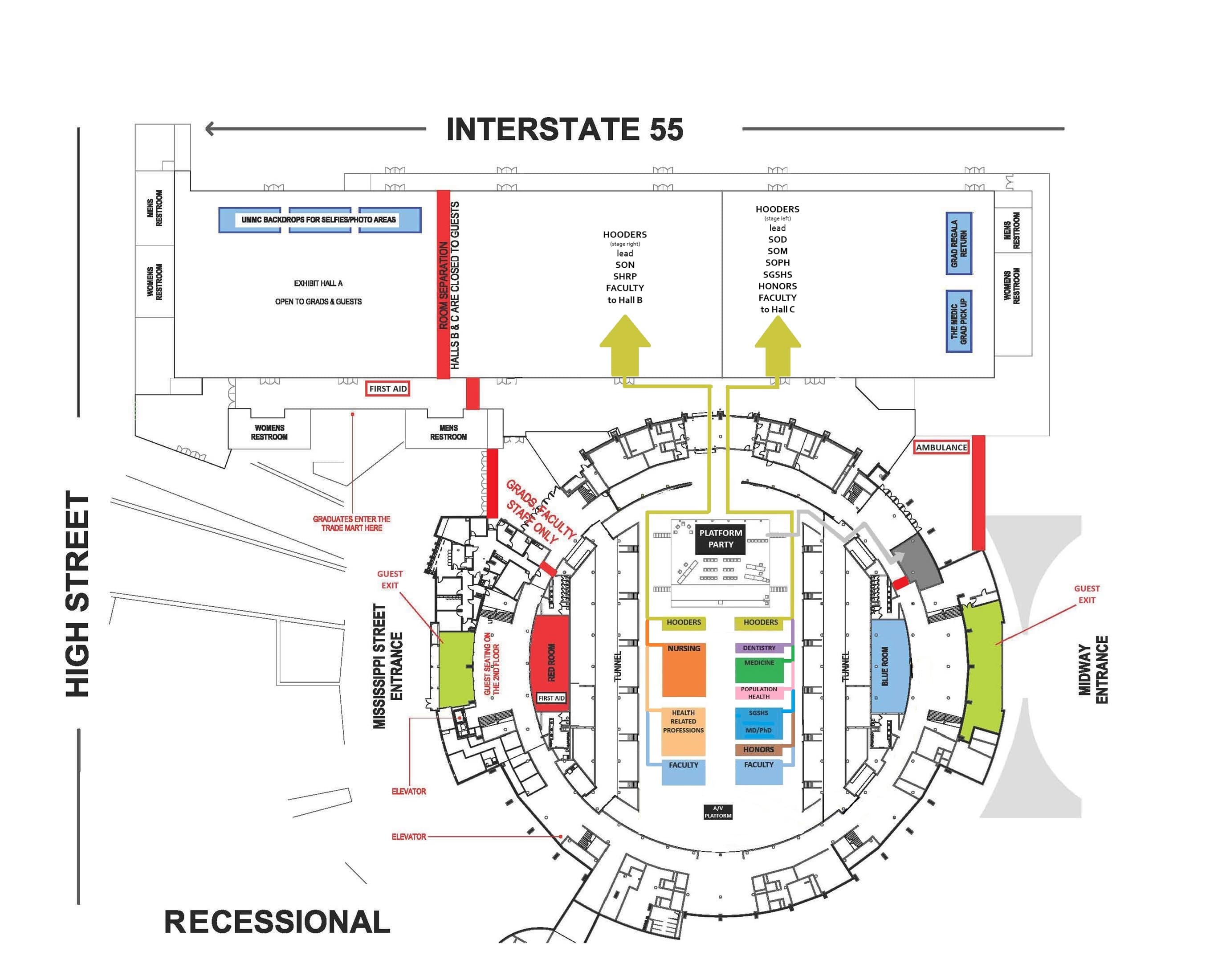A map of the Mississippi Coliseum and Mississippi Trade Mart. Read the image long description for details.